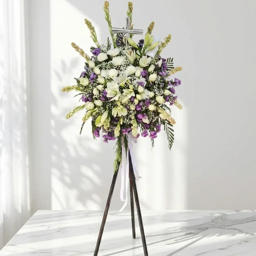 White and Purple Sympathy Flowers - atfleurs