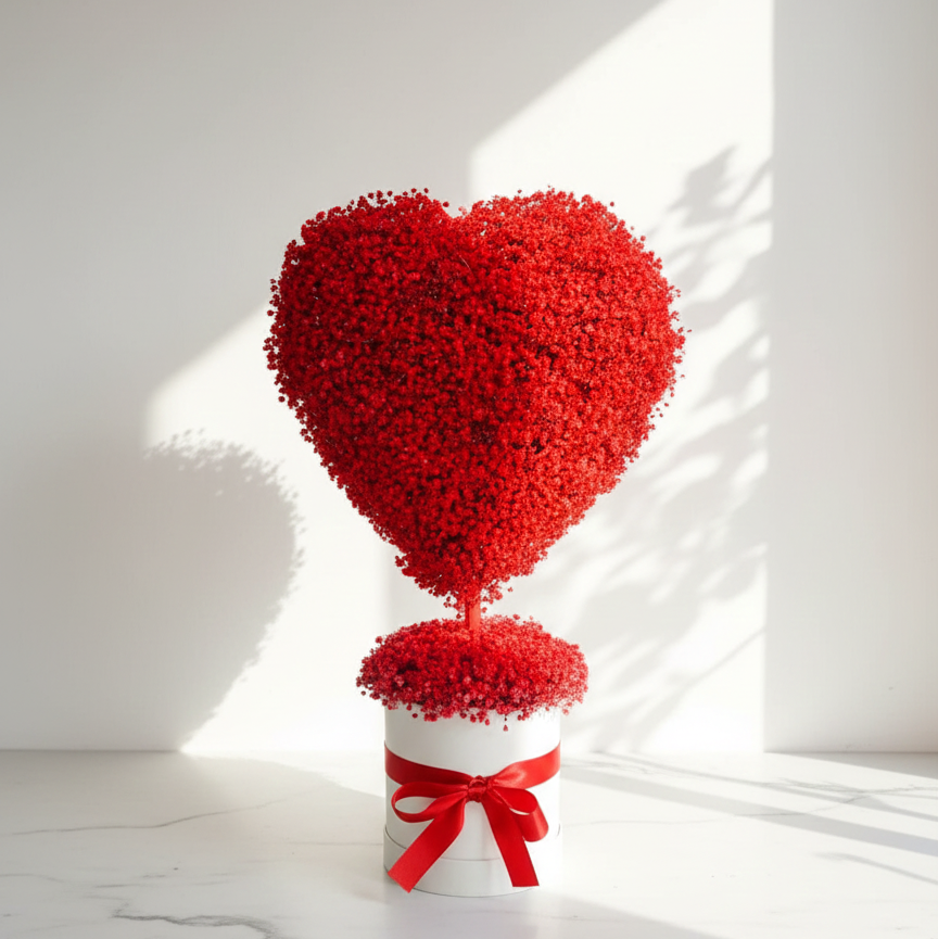 Heart-shaped flower arrangement in a white container with a red bow on a white background
