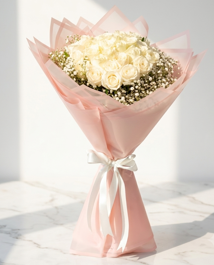 White Rose Bouquet with Baby's Breath