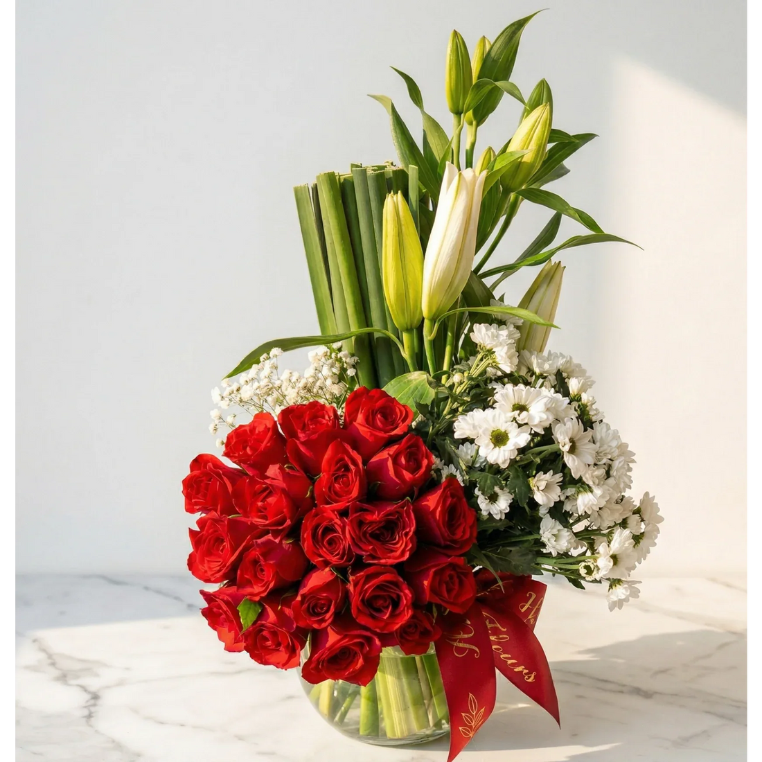 red roses floral vase