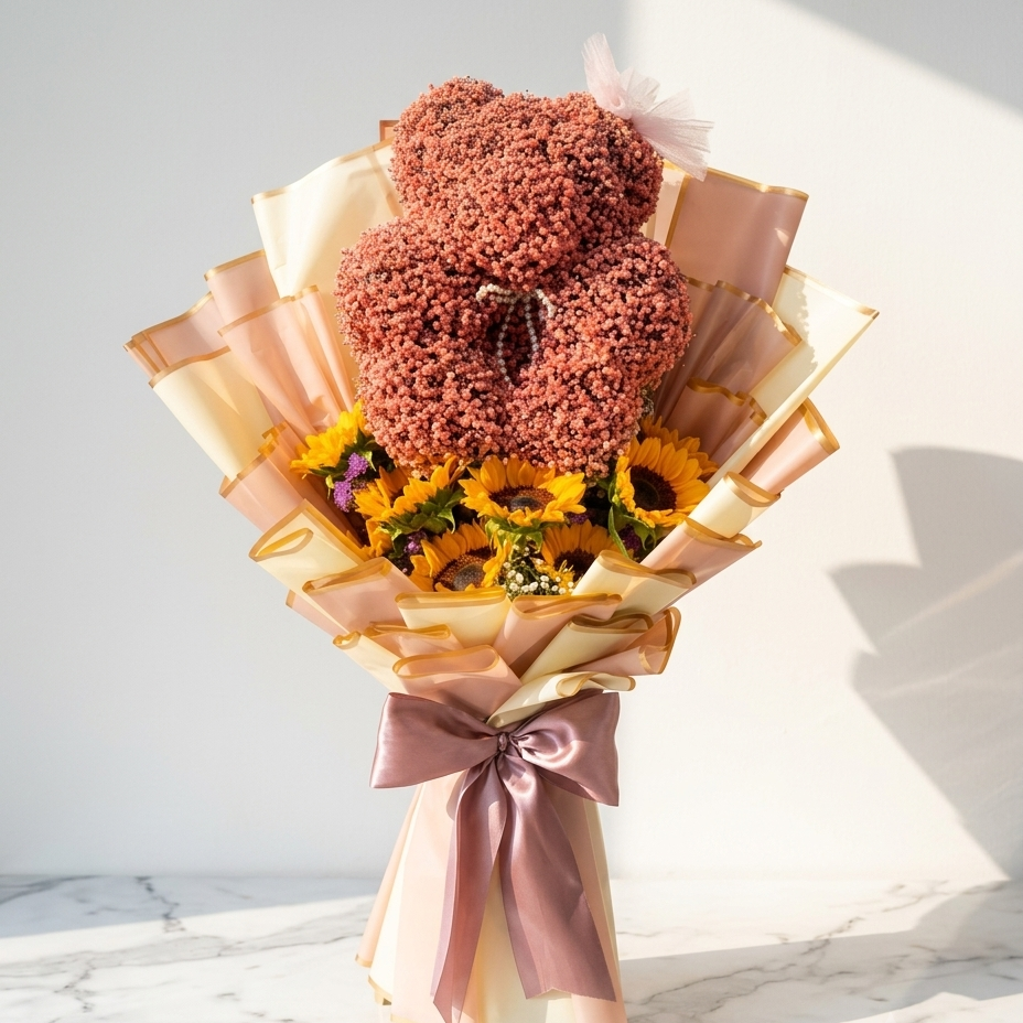 Teddy Bear Hand Bouquet with Fresh Flowers