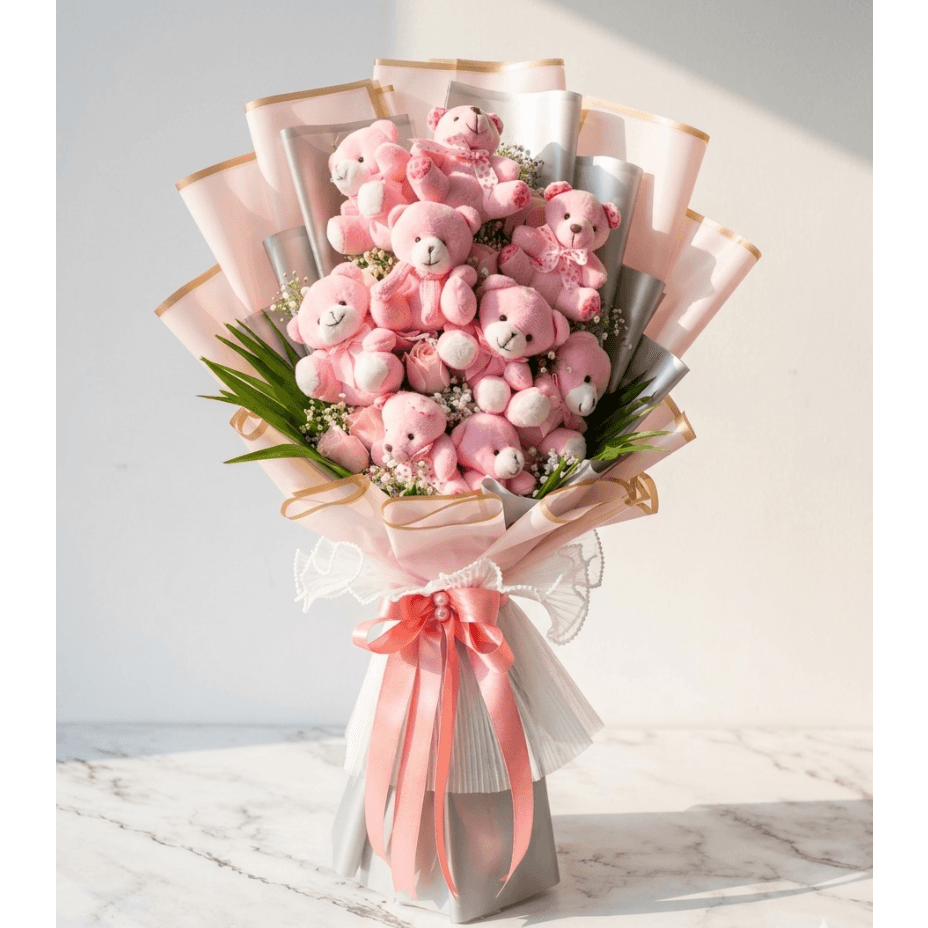 Pink Rose Teddy Bouquet with Palm Leaves