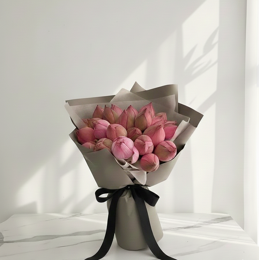 Bouquet of pink flowers wrapped in brown paper with a black ribbon on a white surface. Tulips 