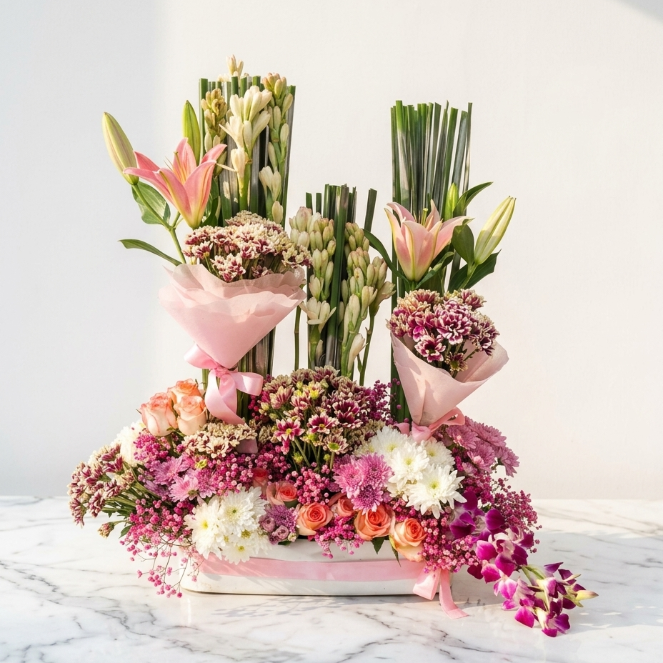 Lily & Chrysanthemum Arrangement with Roses