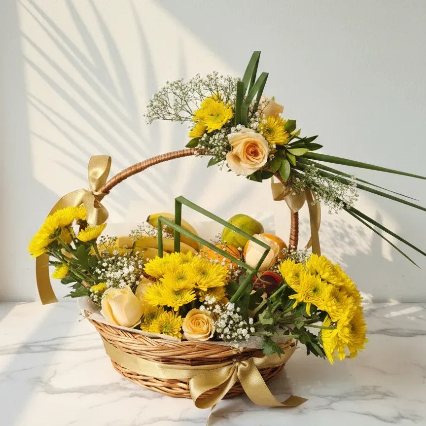 Yellow Chrysanthemums & Peach Roses Bouquet with Baby’s Breath - atfleurs
