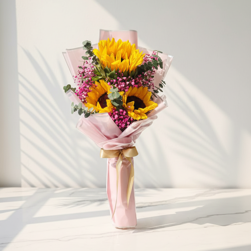 Pink Gypsophila and Eucalyptus in a Sunflower Bouquet