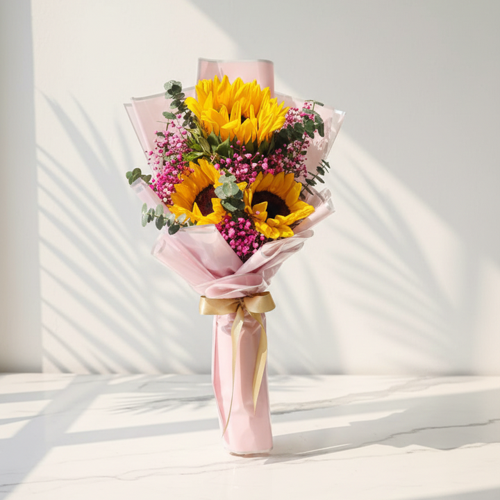 Pink Gypsophila and Eucalyptus in a Sunflower Bouquet