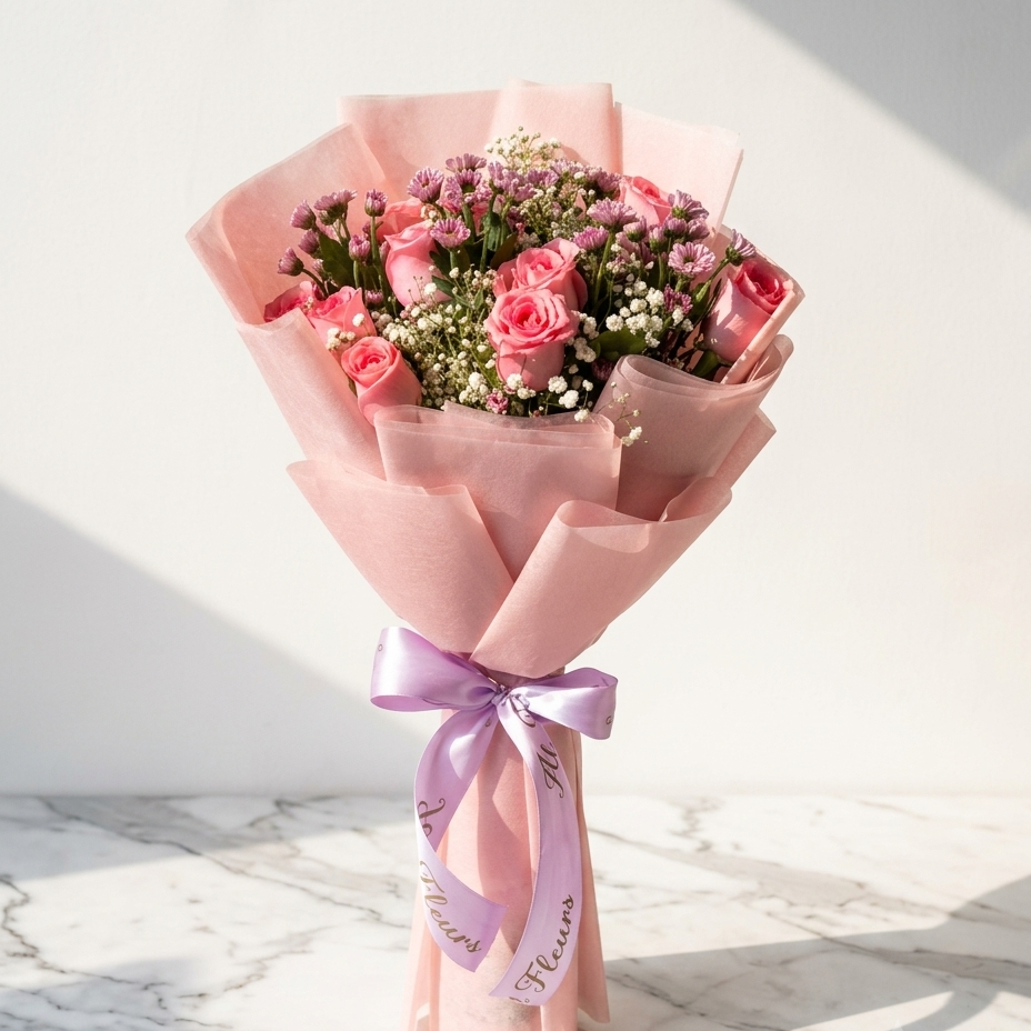 Pink Rose Bouquet with Baby’s Breath and Chrysanthemums