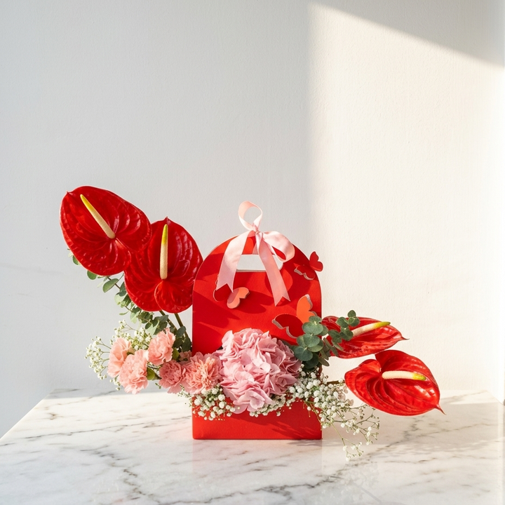 Red Anthurium Bouquet with Pink Hydrangeas