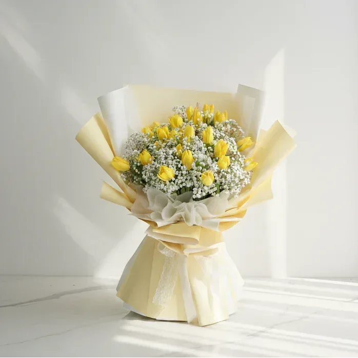 Big Yellow Tulip & Baby’s Breath Grand Bouquet - atfleurs