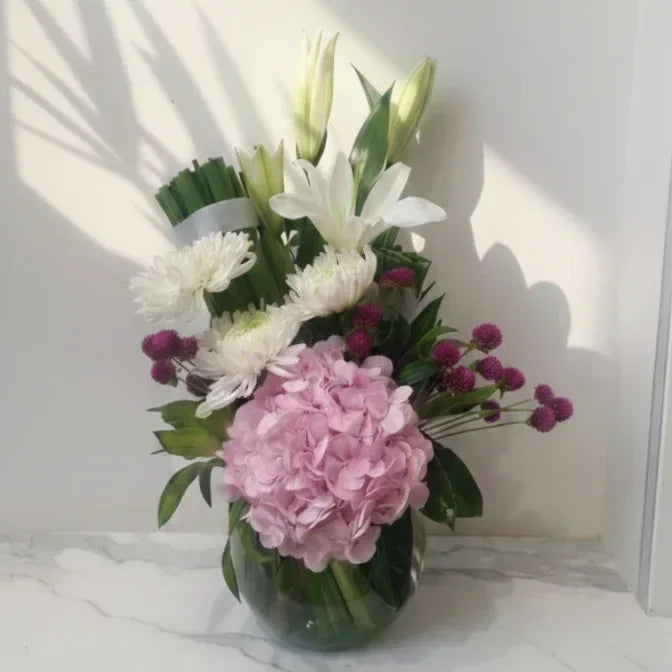 Pink Hydrangea Bouquet with White Lilies - atfleurs