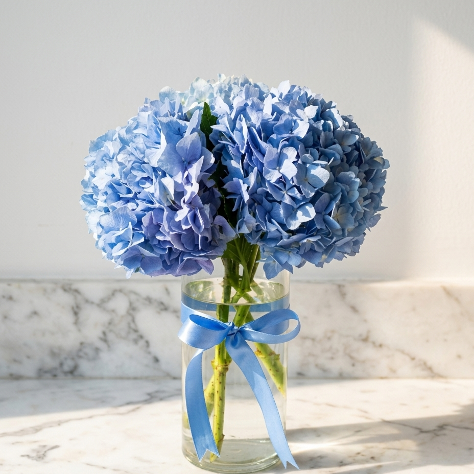 Blue Hydrangea Bouquet with Green Stems