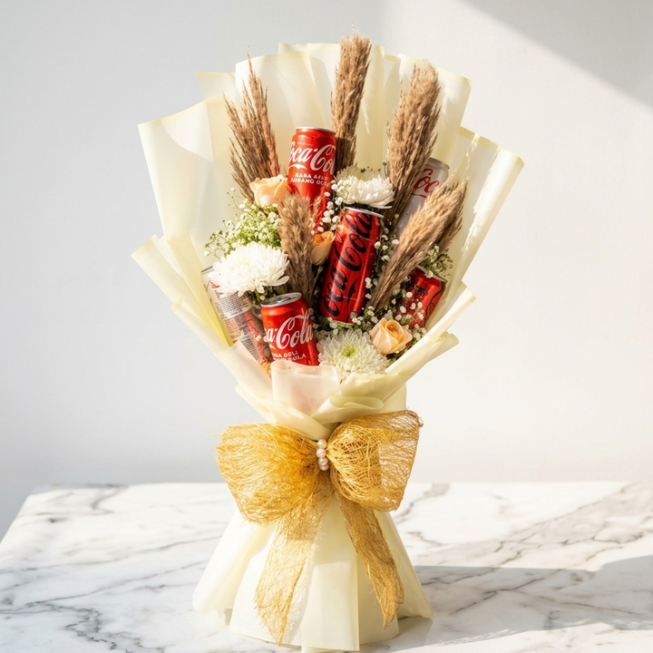 Coca-Cola Can Bouquet with Disbuds, Pampas and Peach Roses