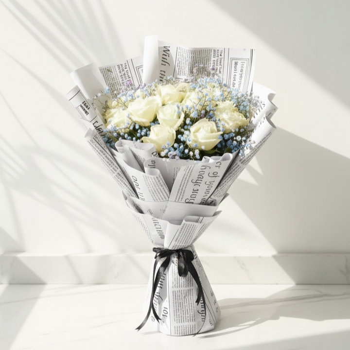 White Roses with Purple Fillers in Love Print Wrap