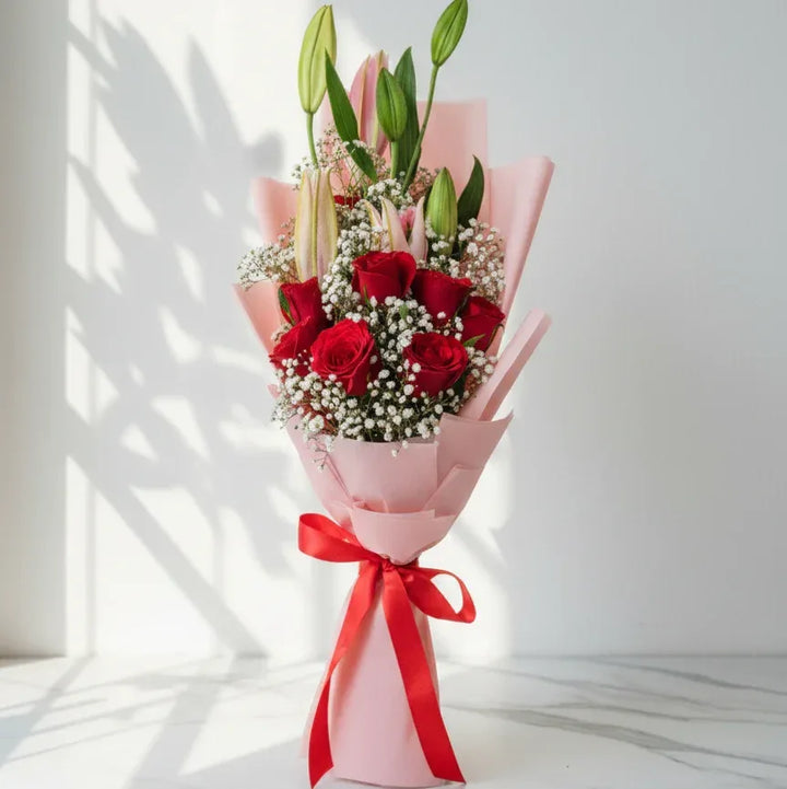 Red Rose Bouquet with White Gypsophila - atfleurs