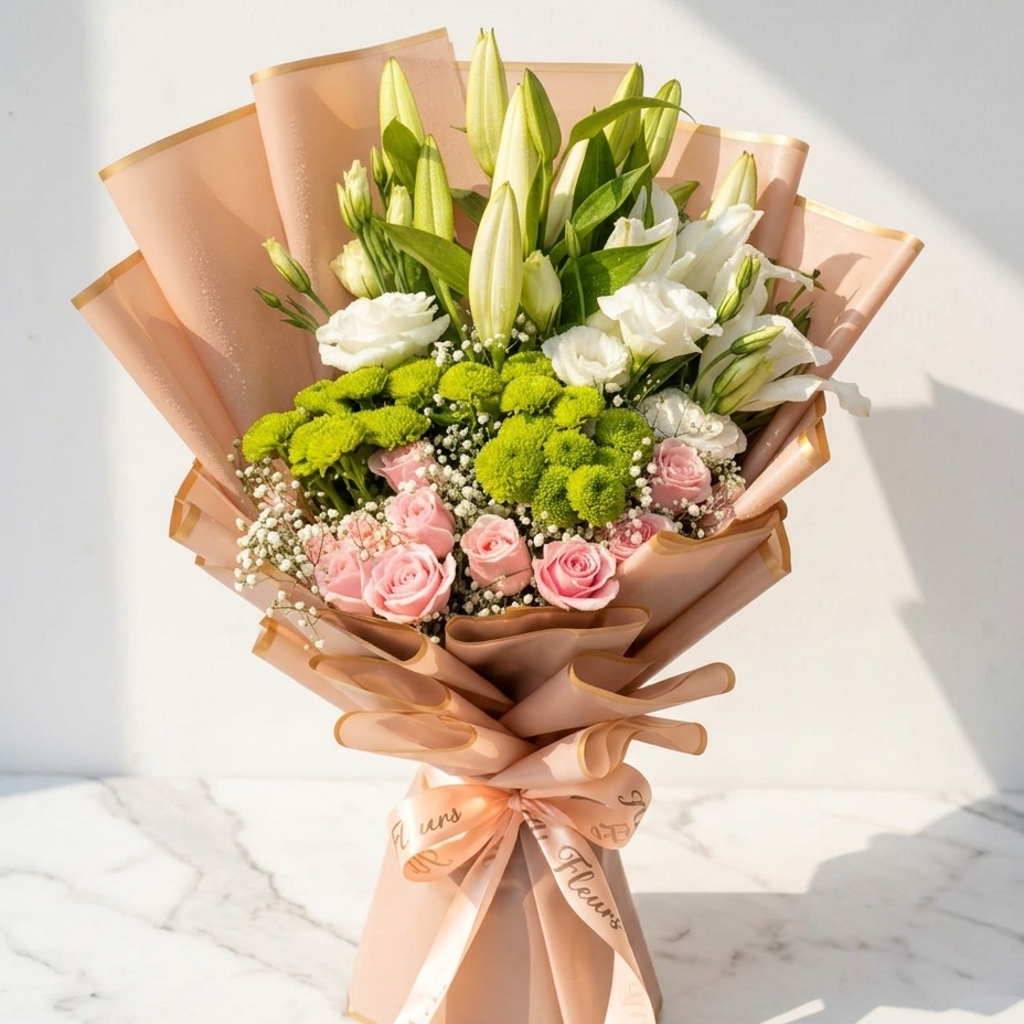 Lily, Rose & Gypso Hand-Tied Bouquet