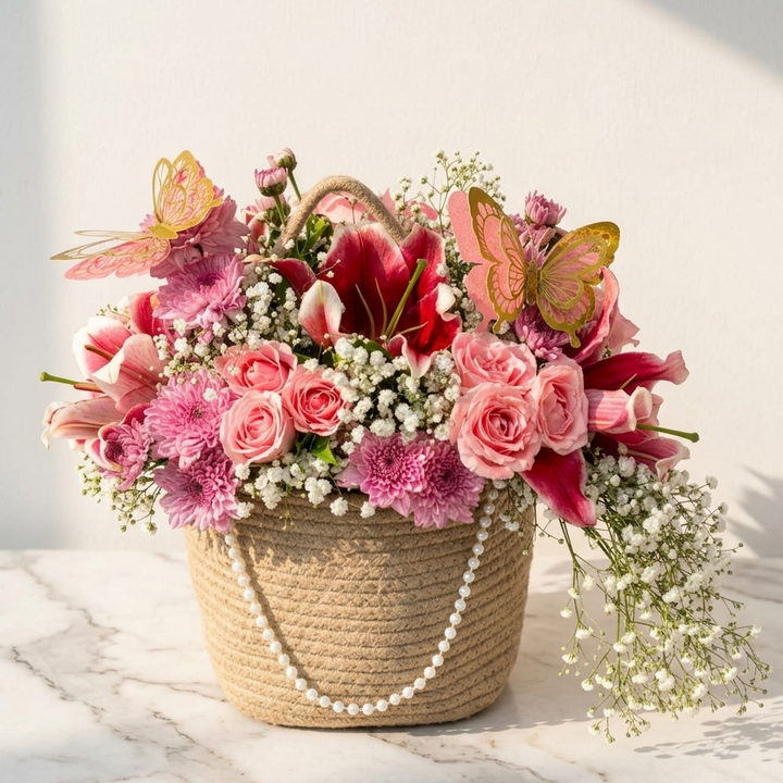 Pink Roses and Lilies Bouquet with Chrysanthemums in Jute Basket