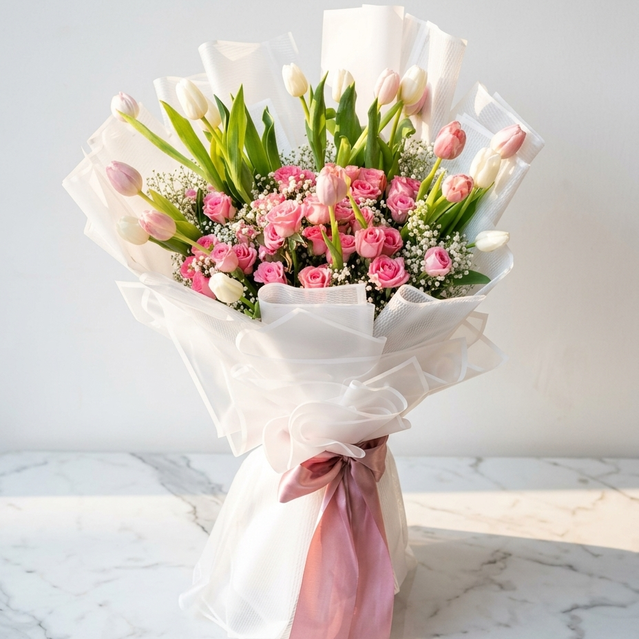 50 Roses & 20 Tulips Bouquet with Baby’s Breath