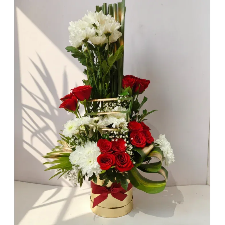 Red Roses and White Chrysanthemums Bouquet with Baby’s Breath - atfleurs