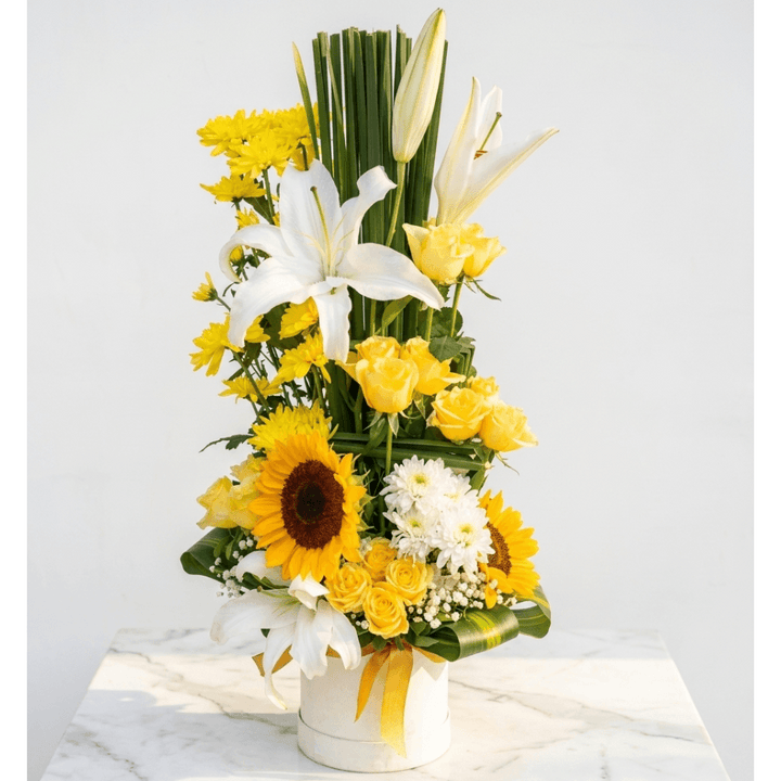sunflower and white lily bouquet White Lilies and Sunflowers Bouquet with Baby's Breath – atfleurs