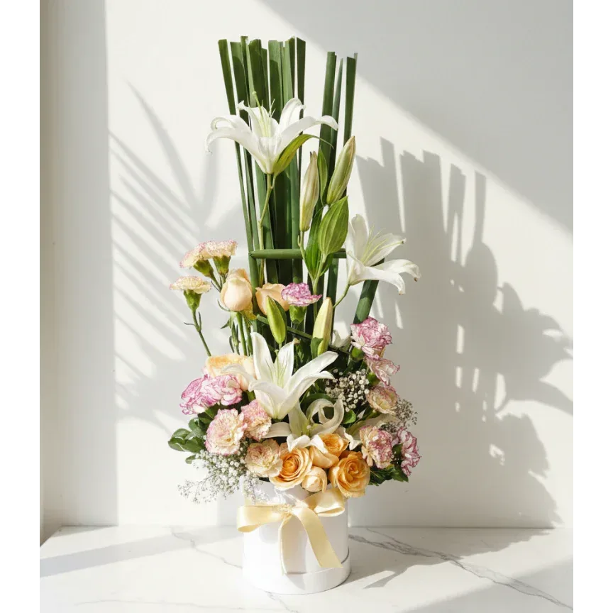 White Lilies Bouquet with Peach Roses - atfleurs