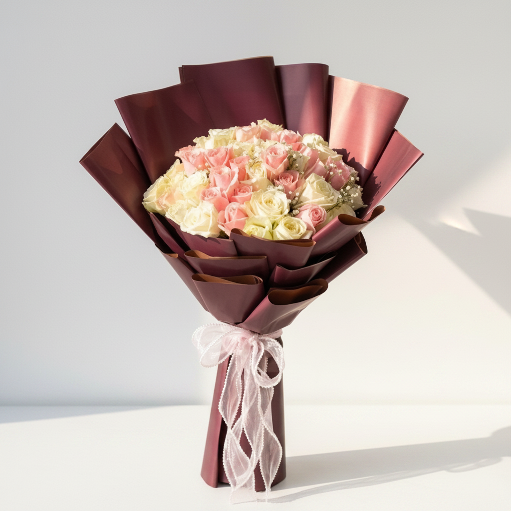 Pink & White Rose Bouquet with Baby’s Breath