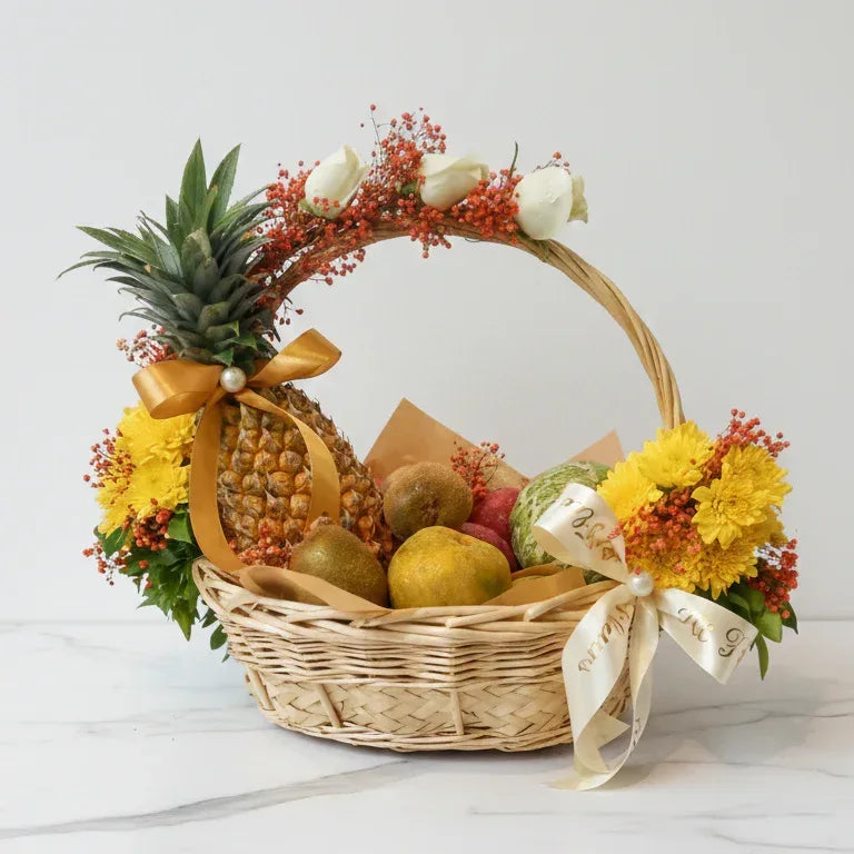 White Roses & Yellow Chrysanthemums Basket with Berries - atfleurs