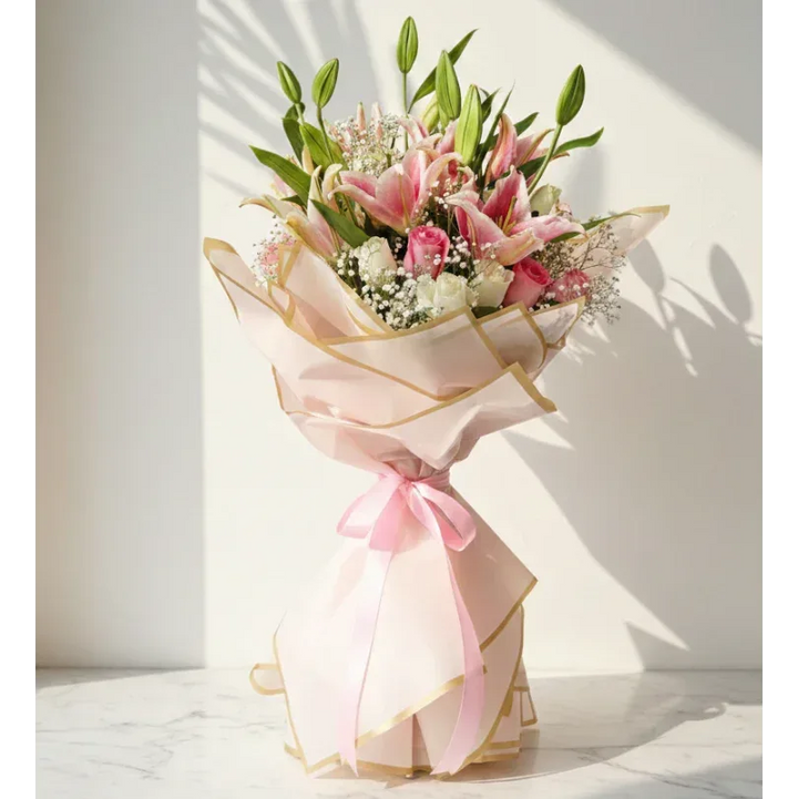 Pink Lily Bouquet with Baby’s Breath - atfleurs