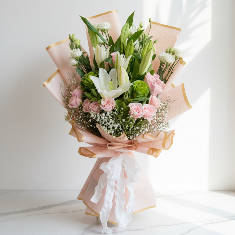Bouquet of flowers with pink ribbons on a white background