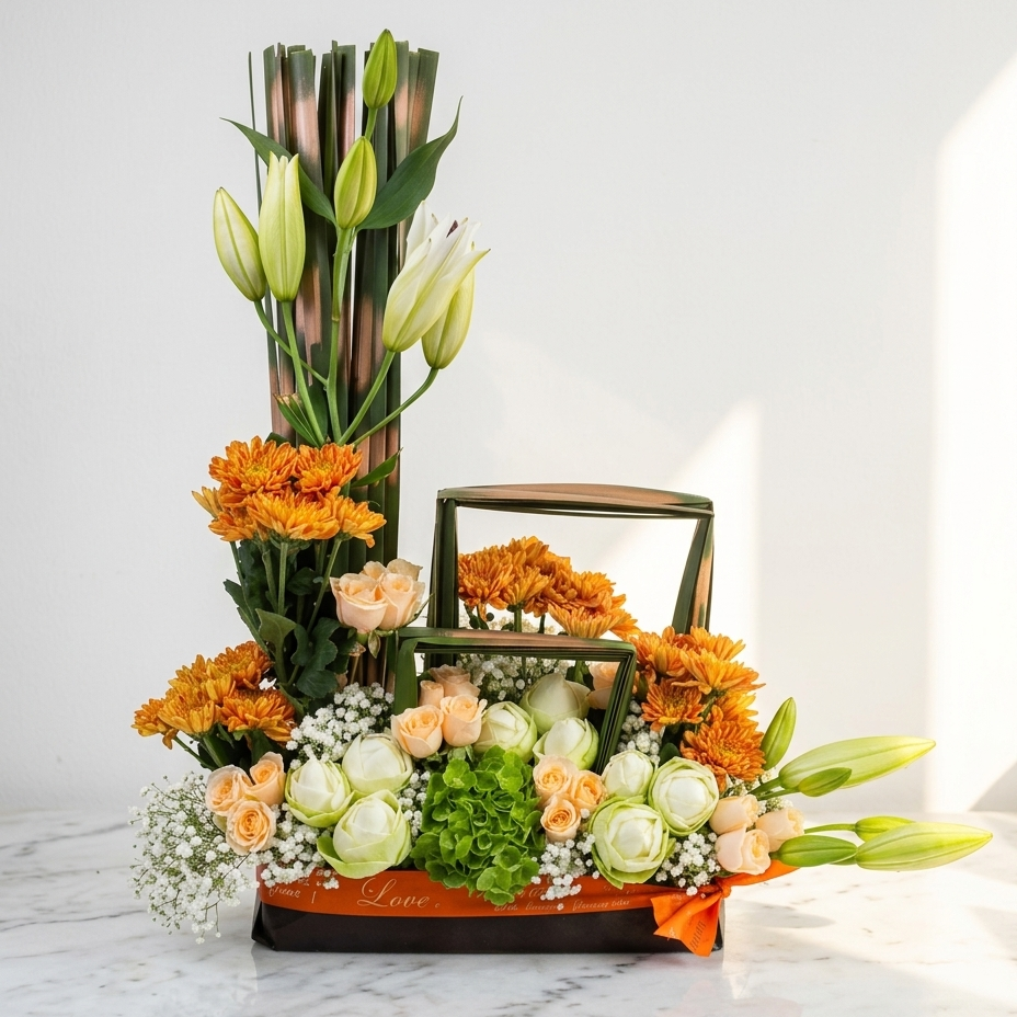 Orange Chrysanthemum Arrangement with White Lilies