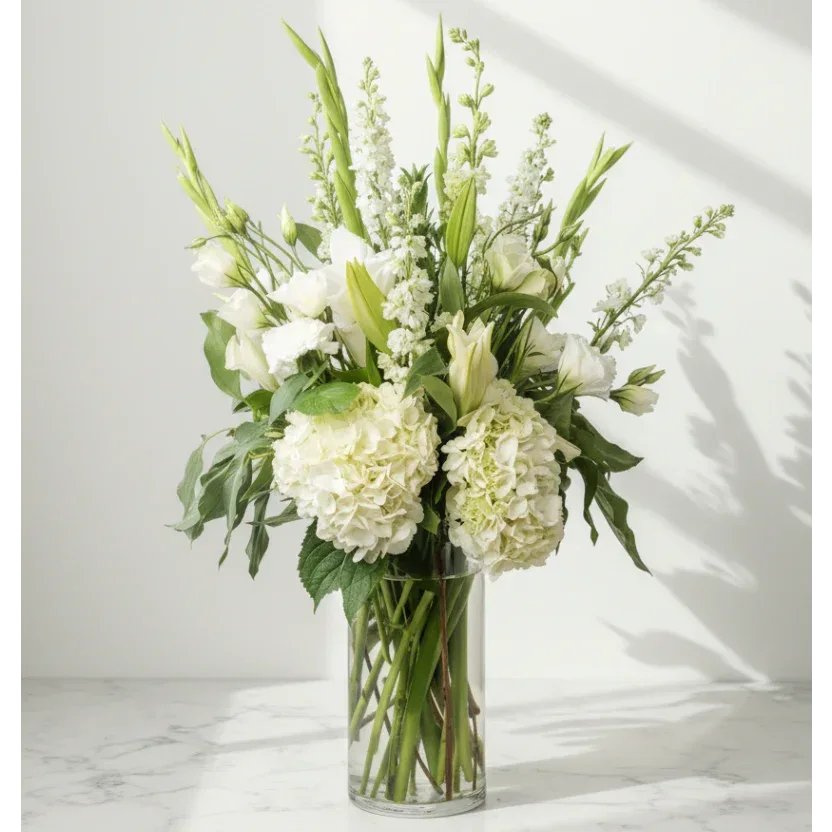 White Hydrangea Bouquet with Fresh Green Foliage - atfleurs