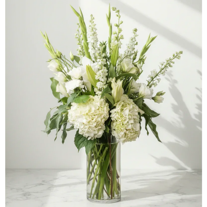White Hydrangea Bouquet with Fresh Green Foliage - atfleurs