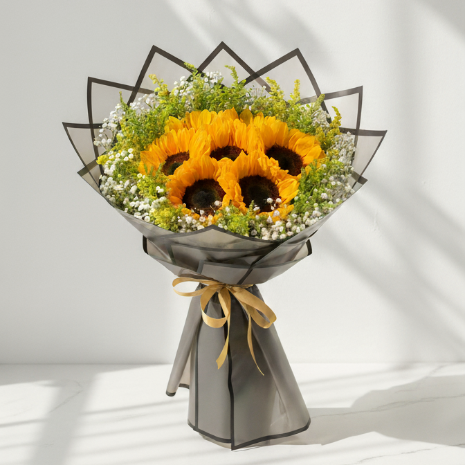 Bouquet of sunflowers in a decorative holder on a white surface with light shadows. hand bouquet