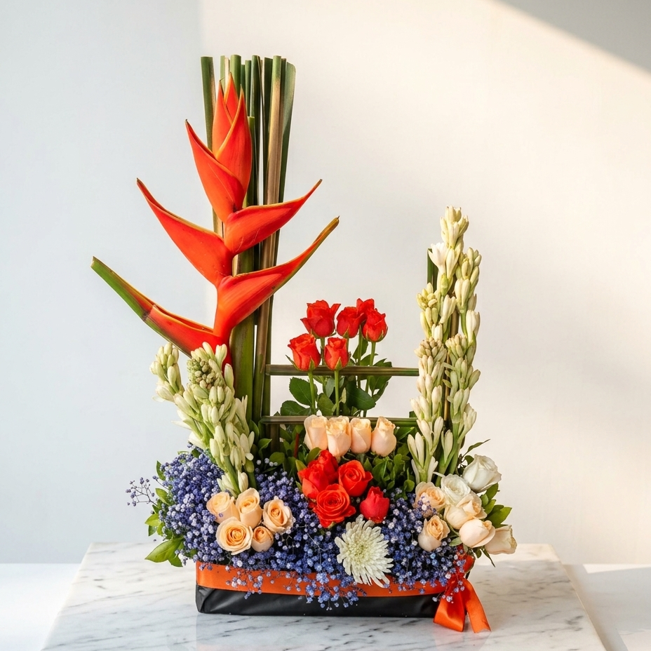 Bird of Paradise Rajnigandha and Rose Arrangement