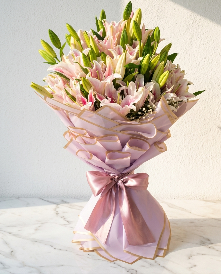 Pink Lily Bouquet with Baby’s Breath