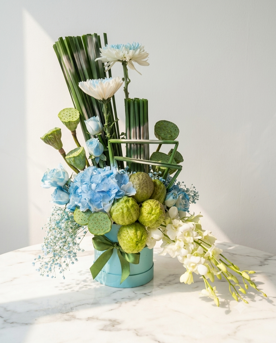 Blue Hydrangea Bouquet with Lotus Pods