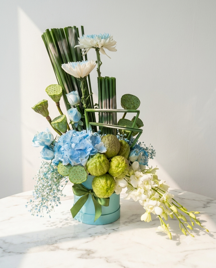 Modern Ikebana style blue hydrangea, lotus pods, green foliage, and white orchids in a light blue box with a green ribbon by At Fleurs Bandra Mumbai