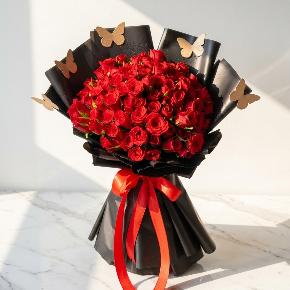 90 Red Roses Bouquet with Green Foliage