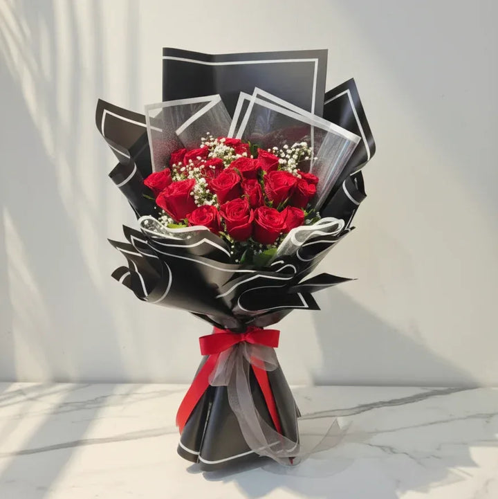 Red Rose Hand Bouquet in Black Wrap - atfleurs
