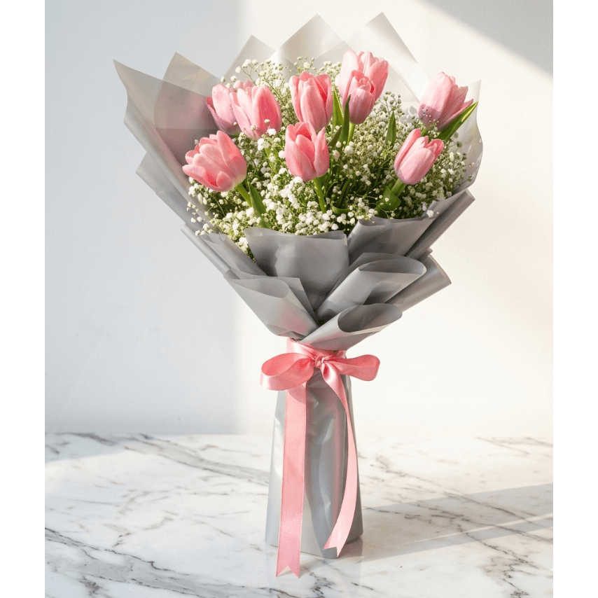 Pink Tulip Bouquet with Baby’s Breath