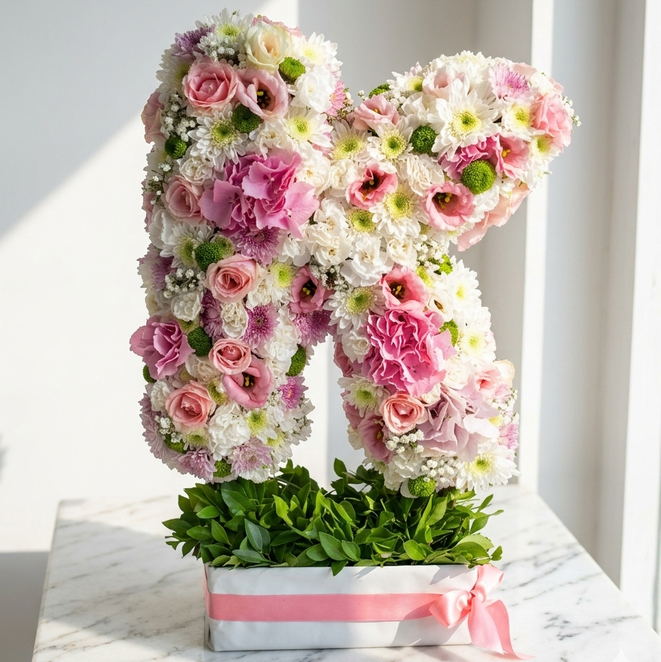 Letter Floral Arrangement with Pink Roses