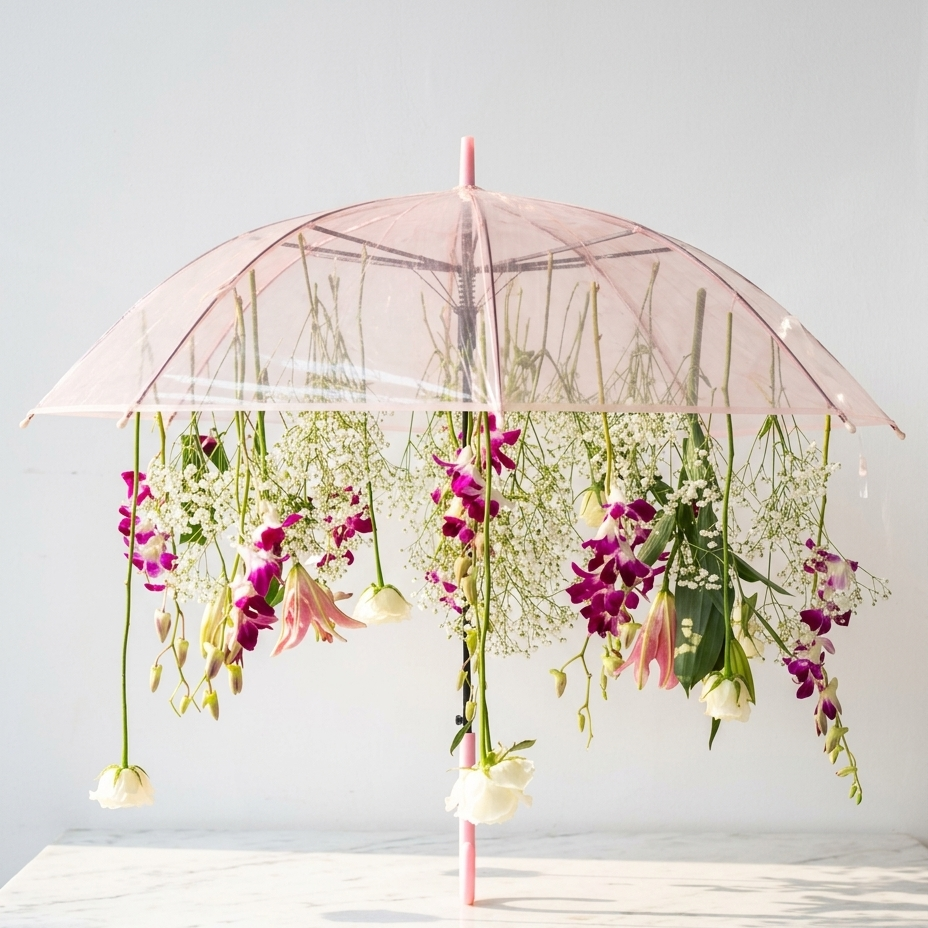 Floral Umbrella Arrangement with Purple Orchids