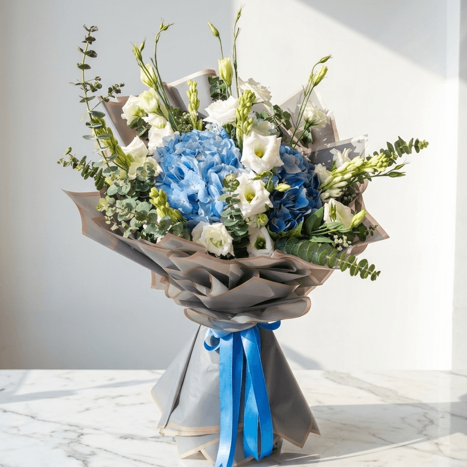 Blue Hydrangea Bouquet with Tuberose