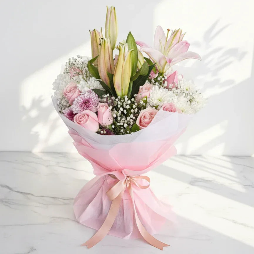 Lilies Roses Chrysanthemum and Gypso Hand Bouquet - atfleurs