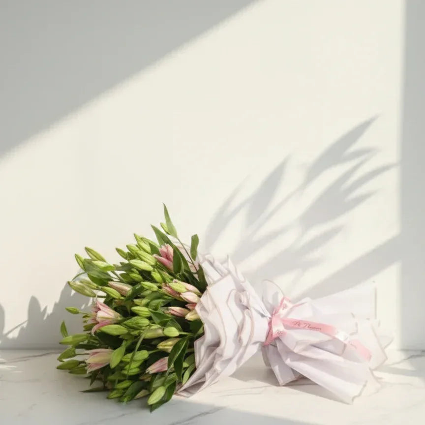 100 Pink Lilies Bouquet with Green Foliage - atfleurs