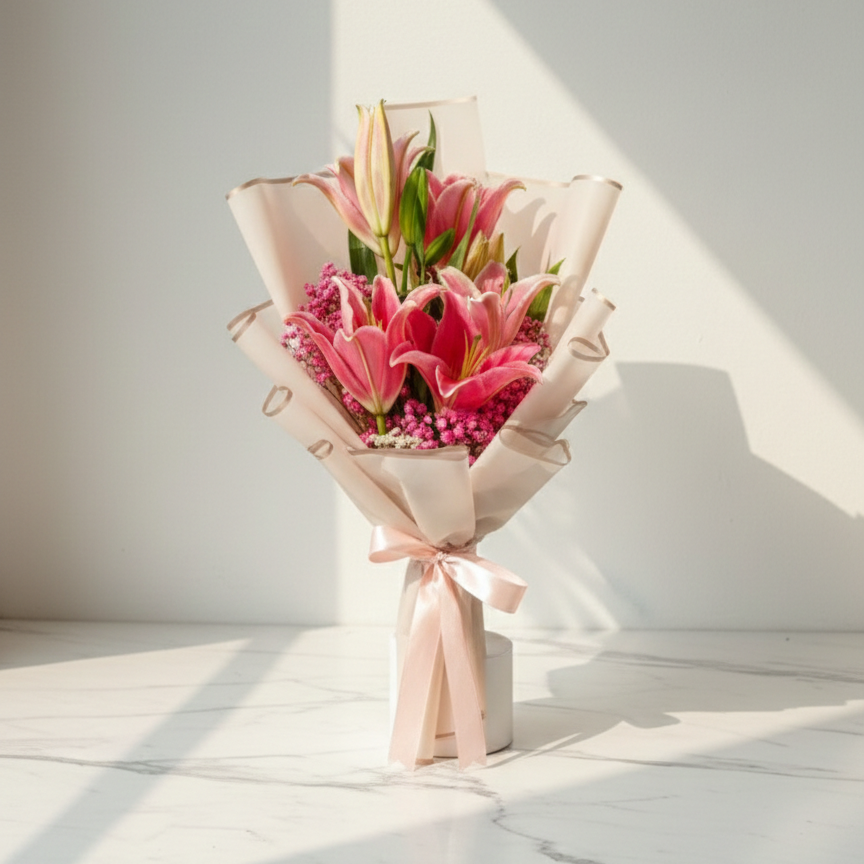 Pink Lilies Bouquet with Baby’s Breath