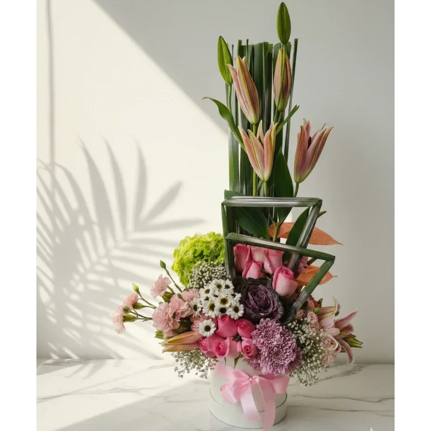 Pink Lilies and Roses Bouquet with Chrysanthemums - atfleurs