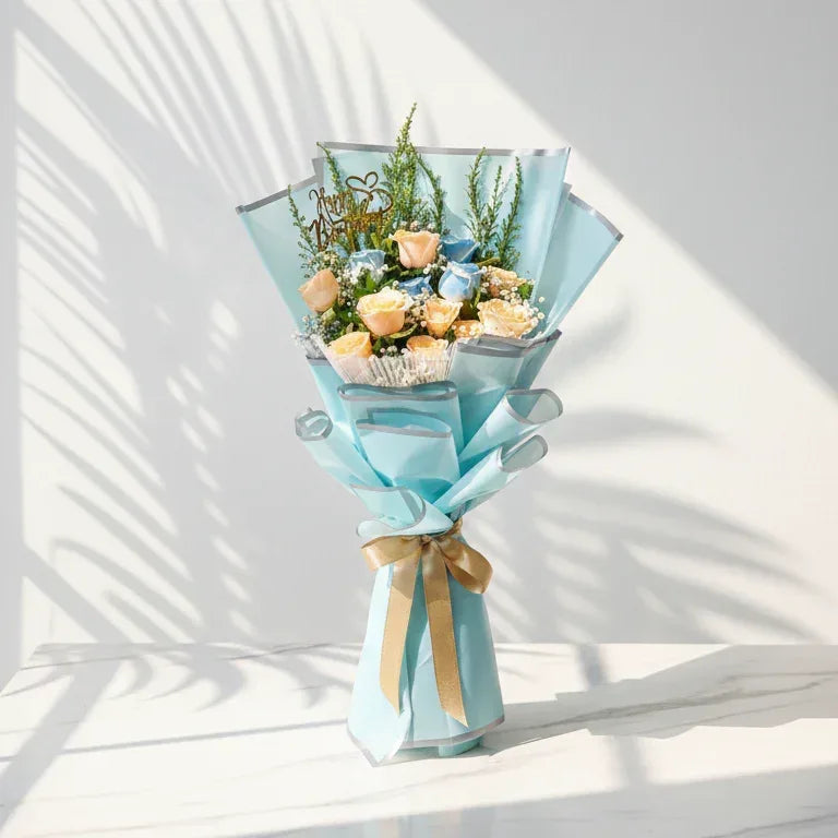 White and Blue Rose Birthday Bouquet with Gypso - atfleurs