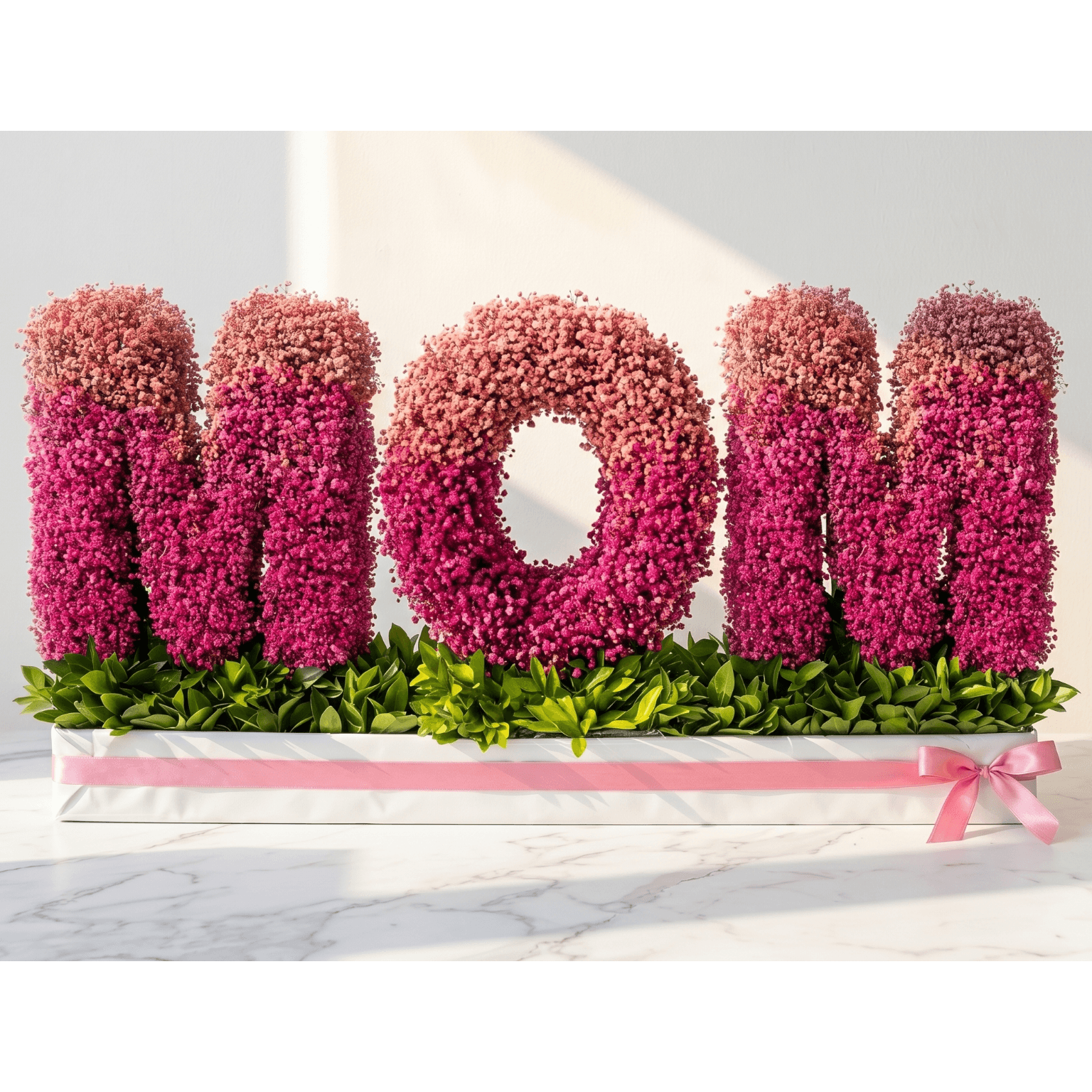 Floral arrangement spelling 'MOM' on a white background