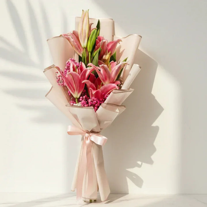 lily flower arrangement birthday Pink Lily Bouquet with Baby's Breath – atfleurs